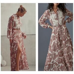 Anthropologie Allaire White Red Paisley Long Sleeve Boho Maxi Shirtdress XL